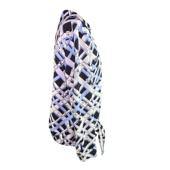 Jones New York Womens Button Up Blouse Tie Front Black Blue Patterned Size M - Picture 9 of 10